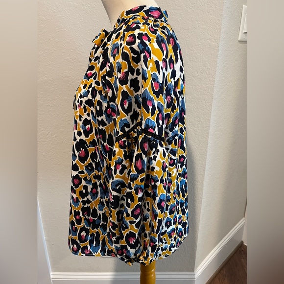 Jade Melody Tam Leopard Print Tie Neck, Ladder Trim Raglan Balloon Sleeve Blouse - Picture 4 of 6
